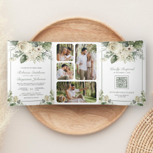 Convite Com Dobra Tripla Ivory Rosa Sage Green Foto Floral Código QR Casame