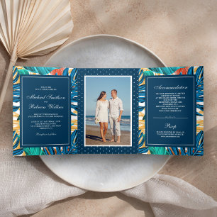 Convite Com Dobra Tripla Jardim de Folhas Tropicais Exóticas Foto Casamento