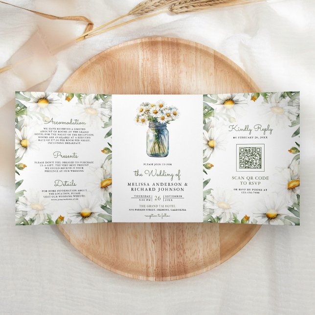 Convite Com Dobra Tripla Jarra de Pedra Floral com Código QR para Casamento (Criador carregado)