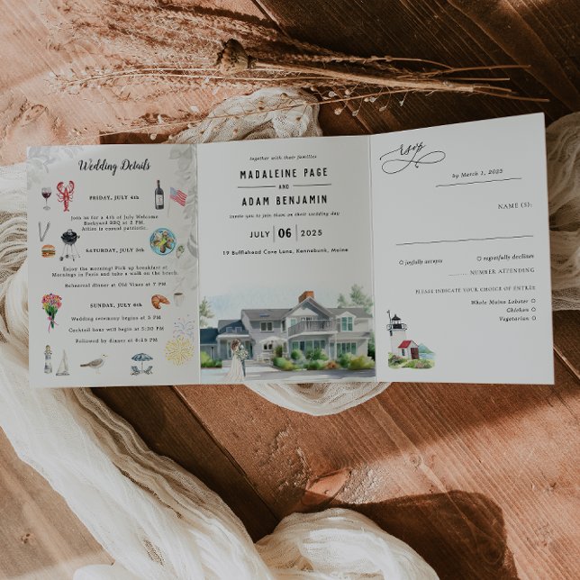 Convite Com Dobra Tripla Kennebunk Maine | Casamento na Costa (Criador carregado)