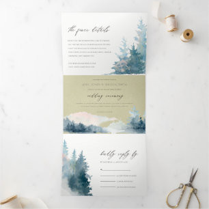 CONVITE COM DOBRA TRIPLA KRAFT DUSKY BLUE MOUNTINAS PINE WATERCOLOR WEDTING