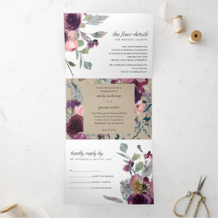 CONVITE COM DOBRA TRIPLA KRAFT WILL PURPLE FLORAL FLORAL WATERCOLOR WEDDING