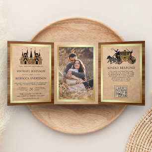 Convite Com Dobra Tripla Kraft Wood Castelo de Contos de Fadas Código QR Ca