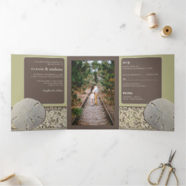 Convite Com Dobra Tripla Lace de areia dólar, Casamento de praia de Vintage