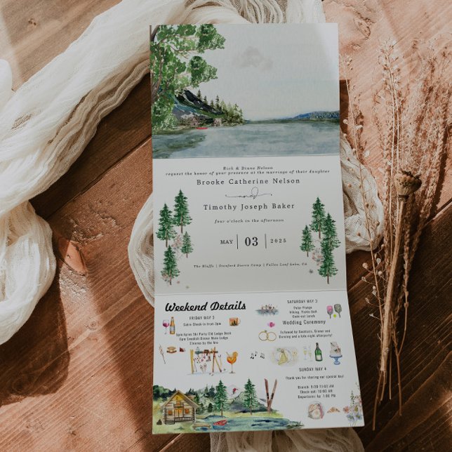 Convite Com Dobra Tripla Lakeside Campground Resort | Casamento Ilustrado (Criador carregado)