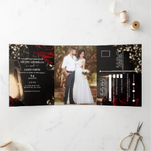 Convite Com Dobra Tripla Lanterna & Rosas Vermelhas Casamento Rústico Român