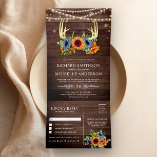 Convite Com Dobra Tripla Laranja Queimada Girassóis Navy Antler Madeira Cas
