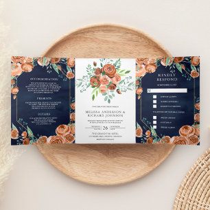 Convite Com Dobra Tripla Laranja Queimada Terrosa Floral Azul Marinho Casam