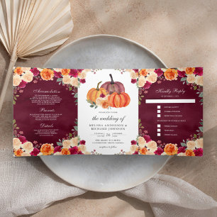 Convite Com Dobra Tripla Laranja Queimado Floral Abóbora Borgonha Casamento
