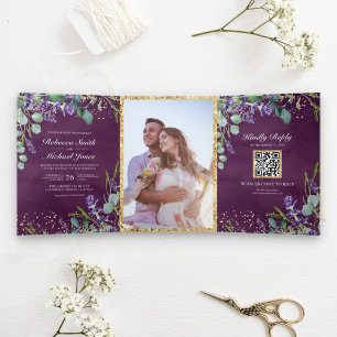 Convite Com Dobra Tripla Lavanda e Eucalipto Código QR Roxo Casamento