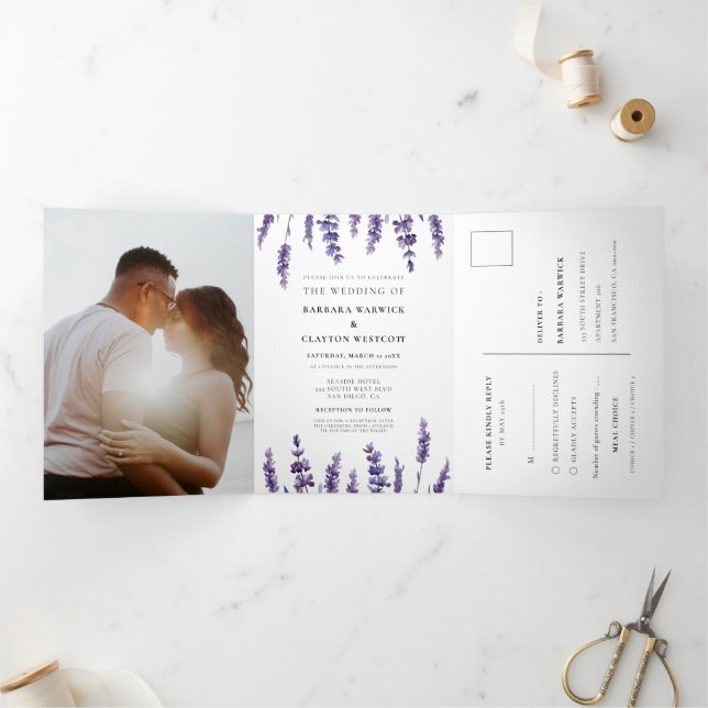 Convite Com Dobra Tripla Lavanda floral elegante Tudo em um casamento (Dentro)