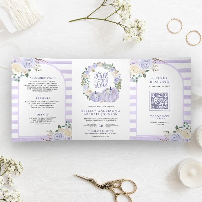Convite Com Dobra Tripla Lavanda Rosa Pumpkin Código QR Casamento (Criador carregado)