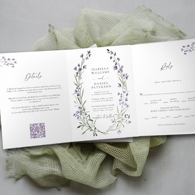 Convite Com Dobra Tripla Lavanda Rústica Simples Elegante Tudo em Um Casame (lavender wedding invitation provence wreath modern classic elegant watercolor theme trifold all one)