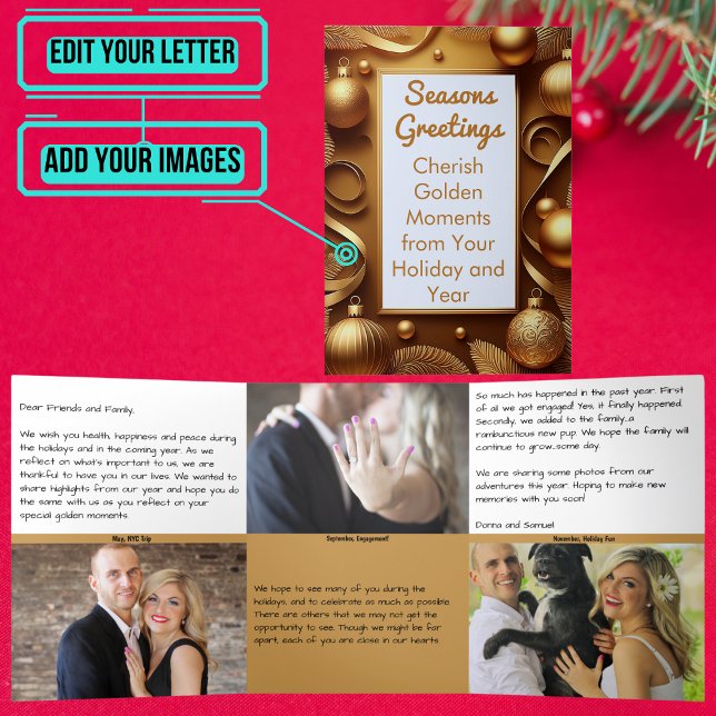 Convite Com Dobra Tripla Letra Holiday com Foto - Momentos do Ouro (Please enjoy our holiday letter.)