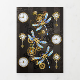 Convite Com Dobra Tripla Libélulas Steampunk em fundo listrado marrom