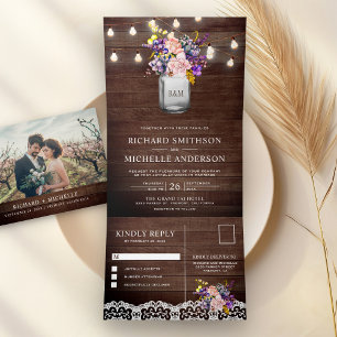 Convite Com Dobra Tripla Lilac Roses Rosa Mason Jar String Luz Casamento