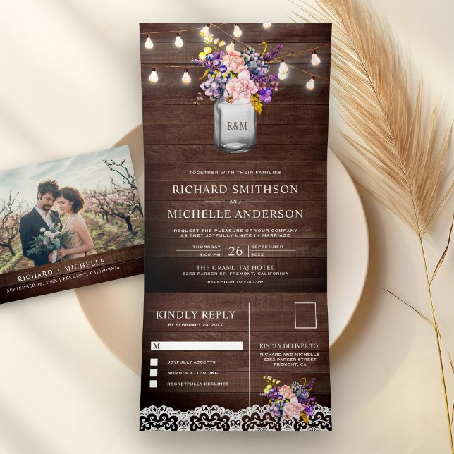 Convite Com Dobra Tripla Lilac Roses Rosa Mason Jar String Luz Casamento (Criador carregado)