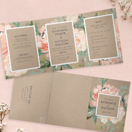 Convite Com Dobra Tripla Linda Casamento De Kraft Floral All-In-One Da Wate