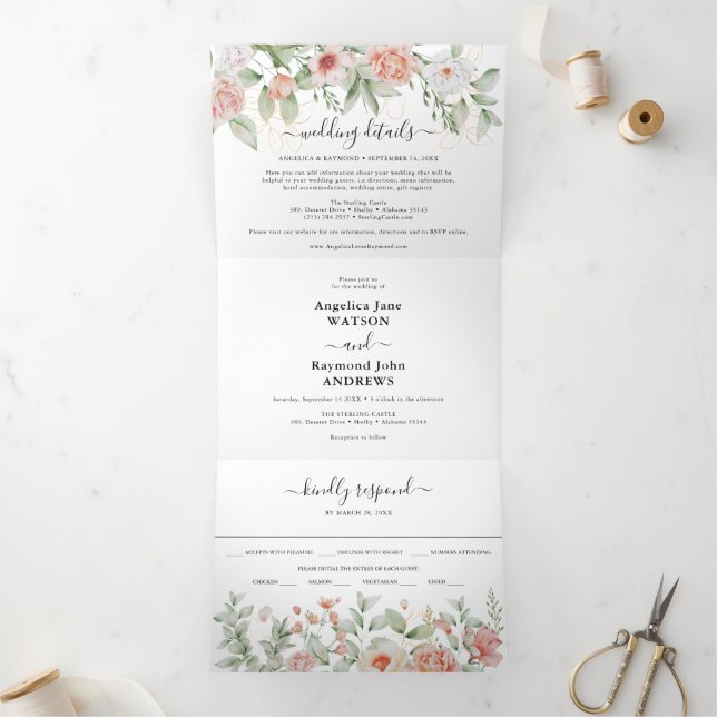 Convite Com Dobra Tripla Lindo em Peachy Elegante Casamento Botânico (Dentro)
