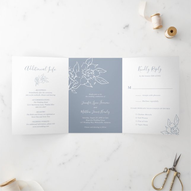 Convite Com Dobra Tripla Linha de Arte Floral Azul Empoeirado Casamento Ele (Dentro)