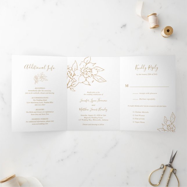 Convite Com Dobra Tripla Linha de Arte Floral Elegante Casamento (Dentro)