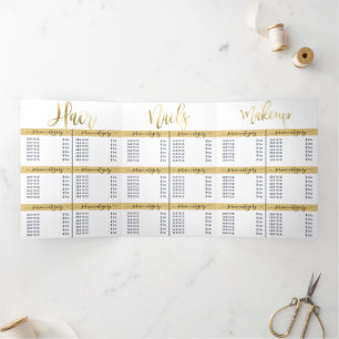 Convite Com Dobra Tripla Lista de Preços Dourados Simples do Salão Spa