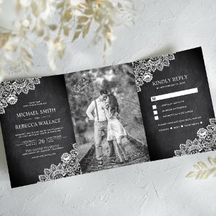 Convite Com Dobra Tripla Lousa Preta Renda Branca Foto de Casamento