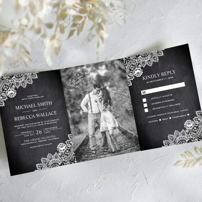 Convite Com Dobra Tripla Lousa Preta Renda Branca Foto de Casamento (Criador carregado)