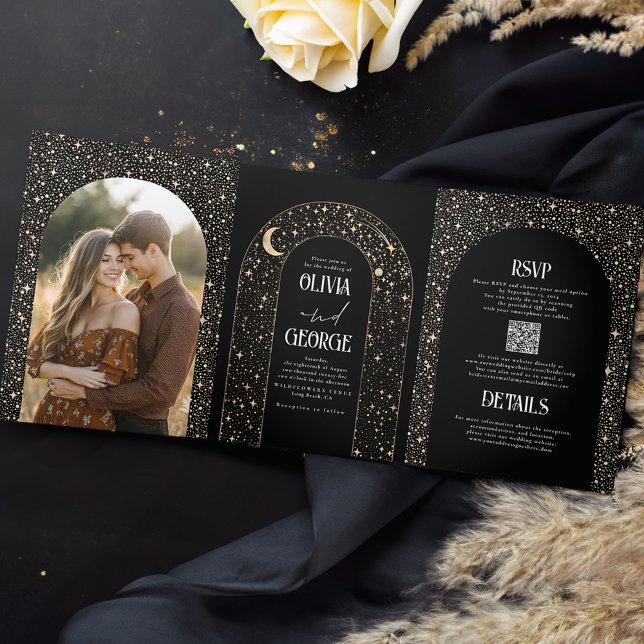 Convite Com Dobra Tripla Lua e Estrelas Arch Foto Celestial de Casamento Ne (Celestial Black Tri Fold Wedding Invitations with Photo)