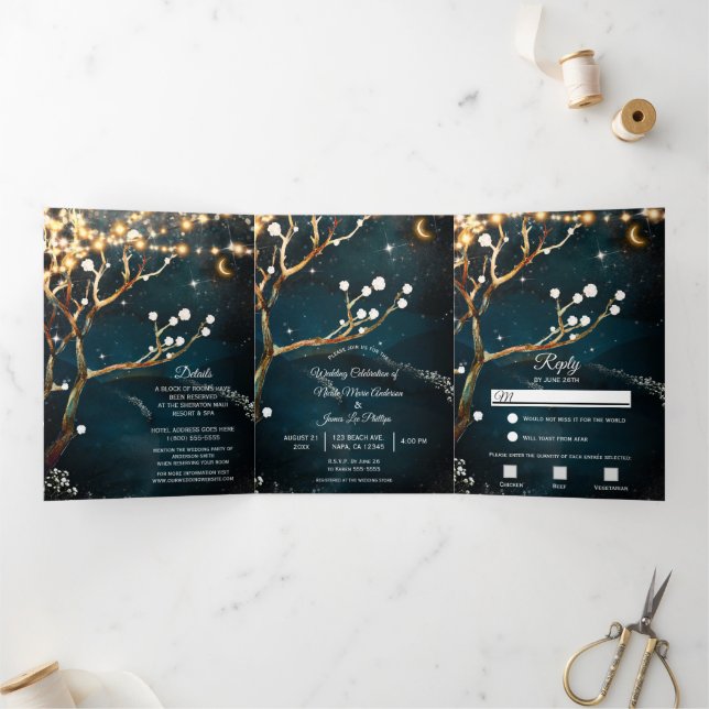 Convite Com Dobra Tripla Luzes de árvore para noite rústica casamento Trifo (Dentro)