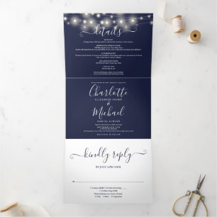 Convite Com Dobra Tripla Luzes de Corda Azul Marinho Monograma Casamento