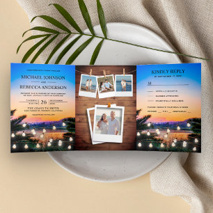 Convite Com Dobra Tripla Luzes de Corda de Pôr do Sol na Praia Tropical Fot