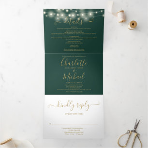 Convite Com Dobra Tripla Luzes de Corda em Ouro Verde Monograma Casamento