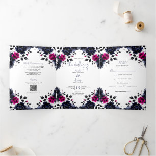 Convite Com Dobra Tripla Magenta Rosa e Azul Floral Aguarela Encardida Casa
