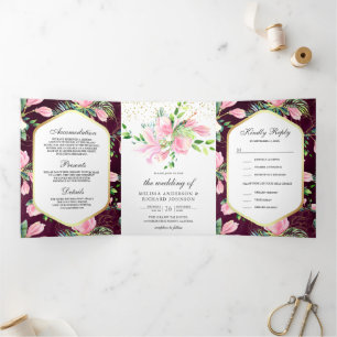 Convite Com Dobra Tripla Magnólia Rosa Floral Primavera Ameixa Roxa Casamen