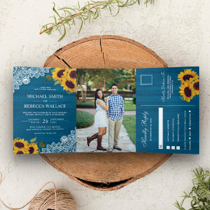 Convite Com Dobra Tripla Malibu Blue Wood Lace Sunflower Photo