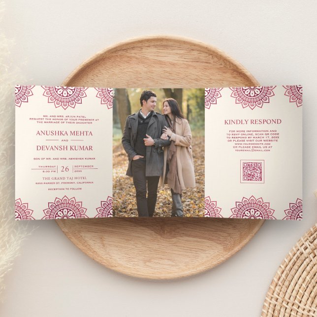 Convite Com Dobra Tripla Mandala Rosa Marfim Código QR Casamento Indiano Ét (Criador carregado)
