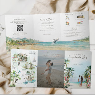 Convite Com Dobra Tripla Mapa de Casamento de Destino em Aquarela na Costa 