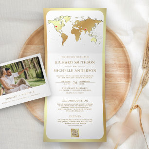 Convite Com Dobra Tripla Mapa Mundial Código QR Ouro Branco Foto Casamento