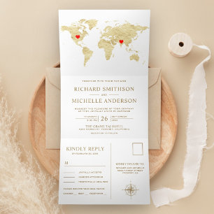Convite Com Dobra Tripla Mapa Mundial de Ouro Branco Casamento Tudo em Um