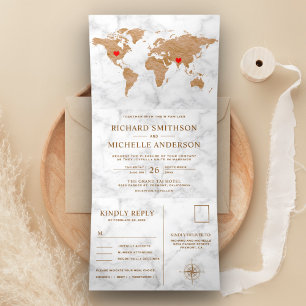 Convite Com Dobra Tripla Mapa Mundial em Bronze e Mármore Branco Casamento