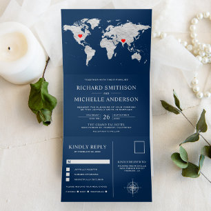 Convite Com Dobra Tripla Mapa Mundial Prata Azul Marinho Casamento Tudo em