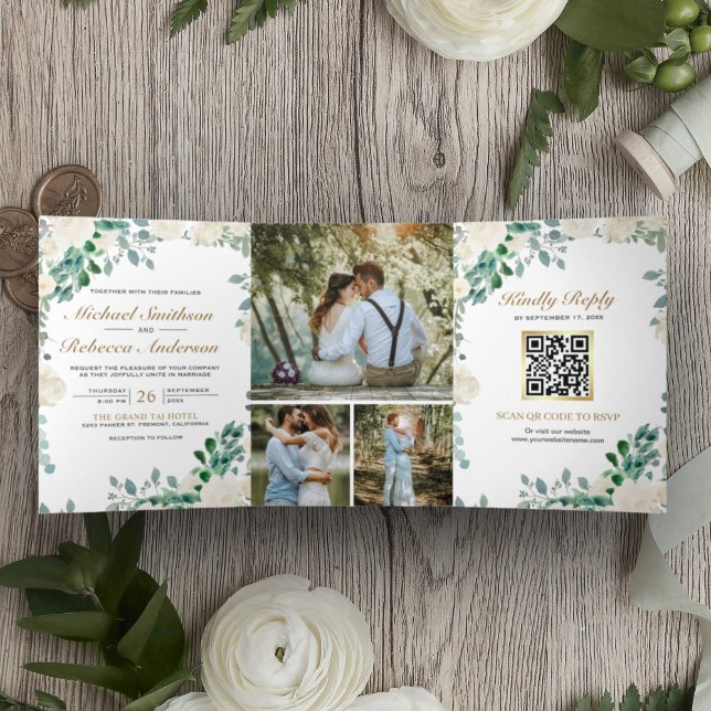 Convite Com Dobra Tripla Marfim Floral Sage Folhas Verdes Código QR Casamen (Criador carregado)