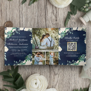 Convite Com Dobra Tripla Marfim Floral Verde Safira Azul Marinho Código QR