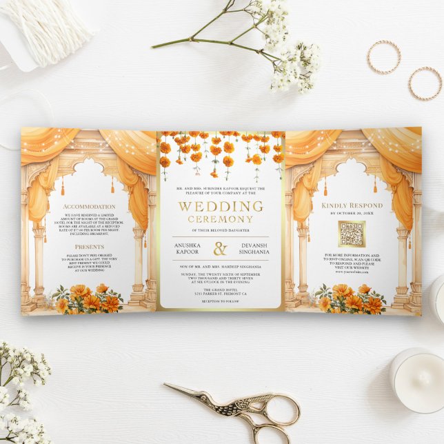 Convite Com Dobra Tripla Marigold Floral Sul Indiano Mandap Casamento Hindu (Criador carregado)