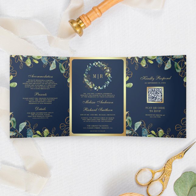 Convite Com Dobra Tripla Marinho Azul Dourado Eucalyptus Wreath QR Code Cas (Criador carregado)