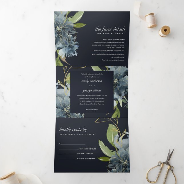 CONVITE COM DOBRA TRIPLA MARINHO AZUL, VERDE DOURADA, CASAMENTO DE ÁGUA FLO (Dentro)