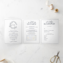 Convite Com Dobra Tripla Marinho Blue Leafy Crest Monograma Casamento