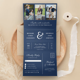 Convite Com Dobra Tripla Marinho Blue Mínimo 3 em 1 Casamento de Colagem d
