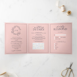 Convite Com Dobra Tripla Marinho Cor-de-rosa azul Folha Folheto Monograma C